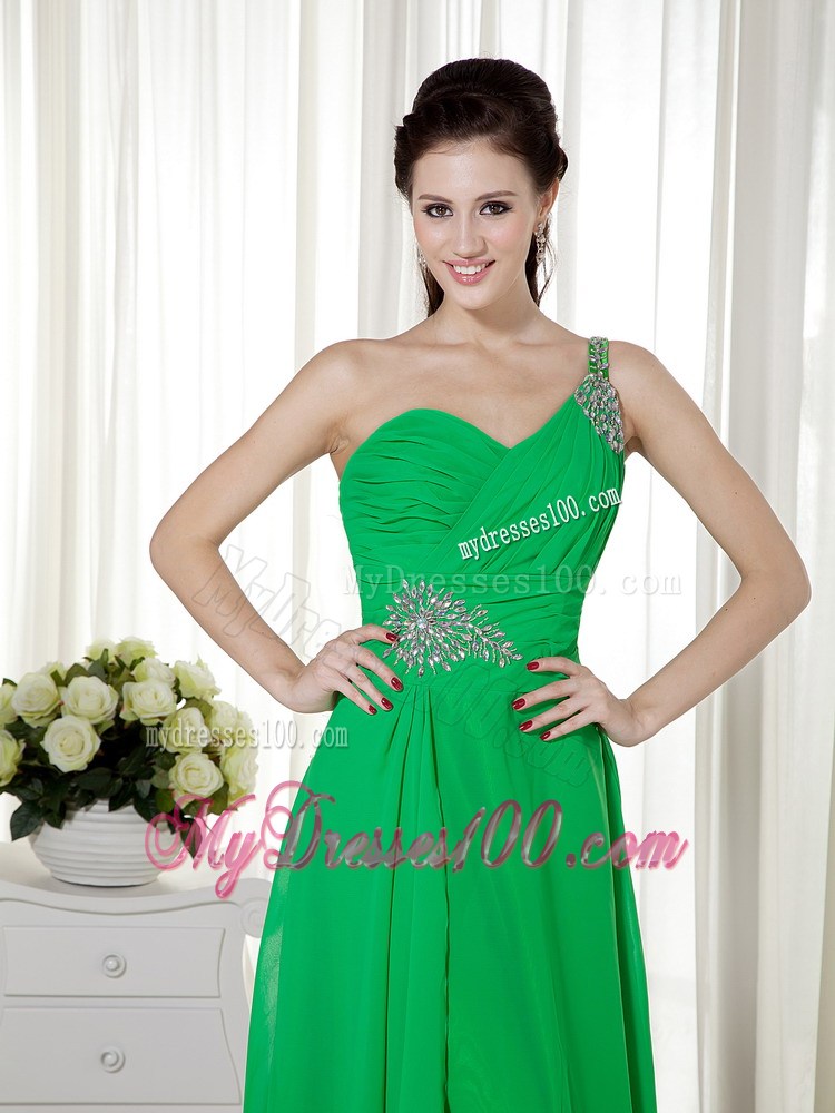 Green Empire One Shoulder Floor-length Beading Prom Dress
