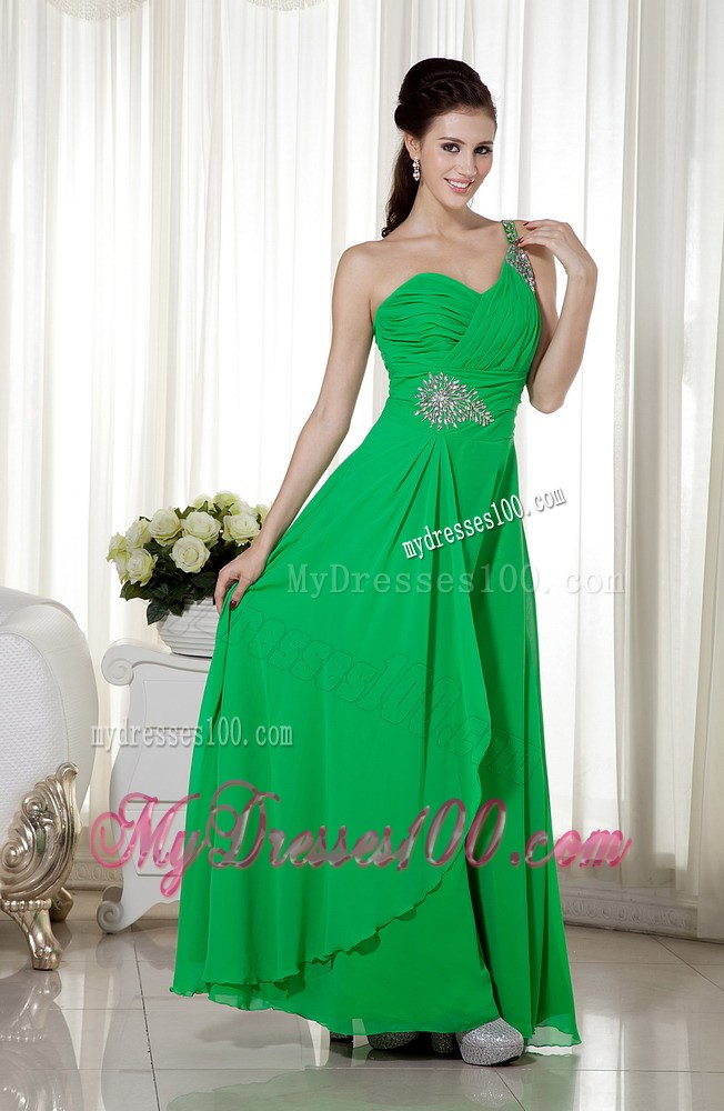 Green Empire One Shoulder Floor-length Beading Prom Dress
