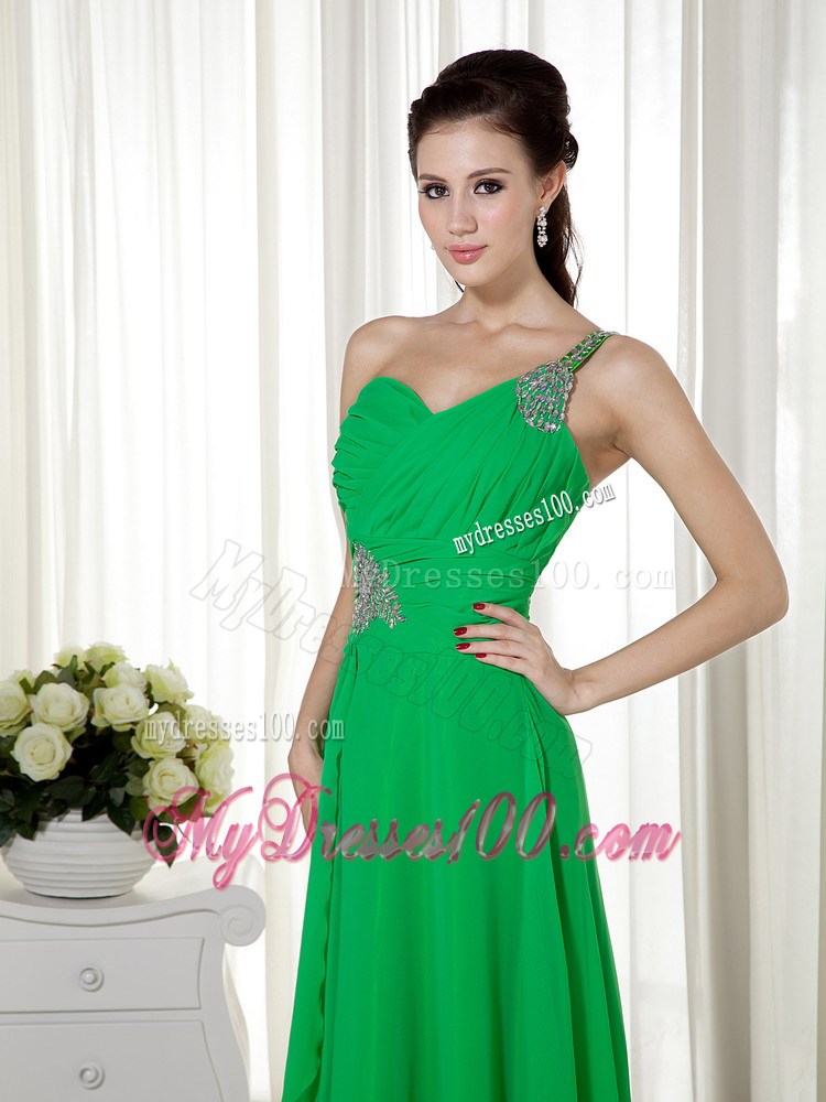 Green Empire One Shoulder Floor-length Beading Prom Dress