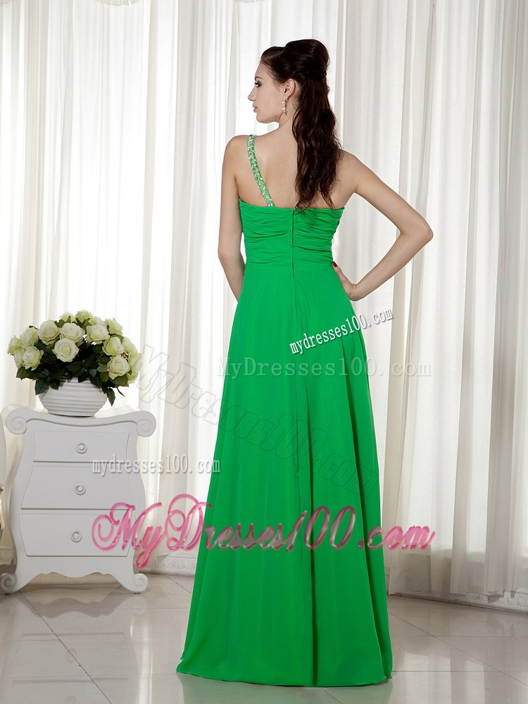 Green Empire One Shoulder Floor-length Beading Prom Dress