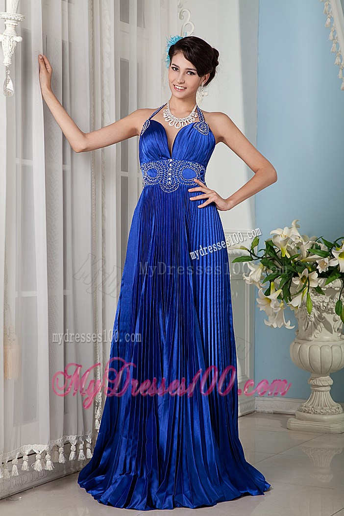 2013 Royal Blue Empire Halter Prom Dress with Beading and Pleats
