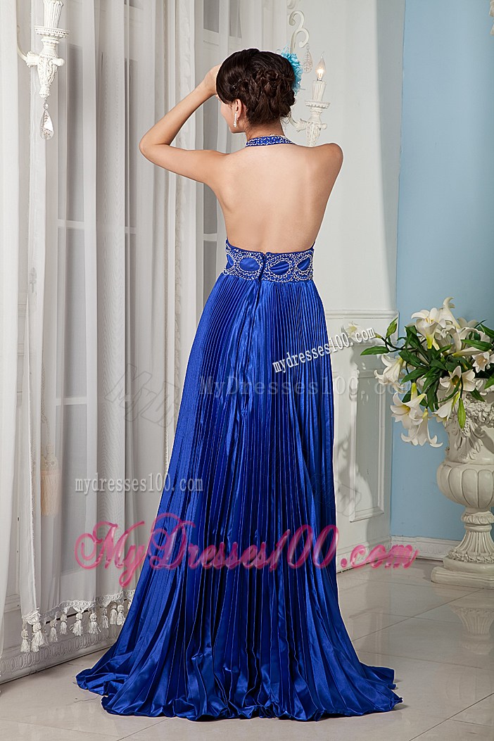 2013 Royal Blue Empire Halter Prom Dress with Beading and Pleats