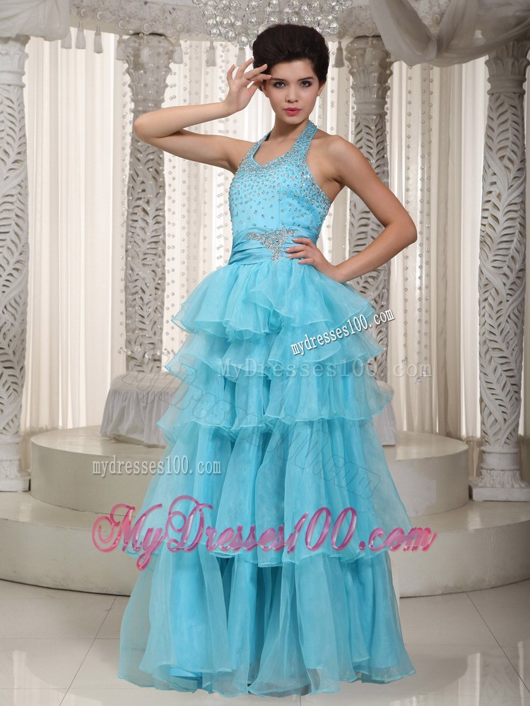 Aqua Blue Empire Halter Floor-length Beading Prom Pageant Dress