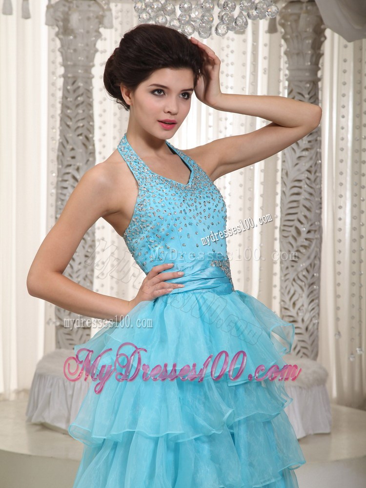 Aqua Blue Empire Halter Floor-length Beading Prom Pageant Dress