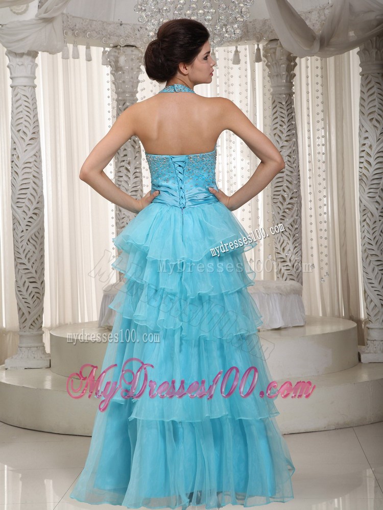 Aqua Blue Empire Halter Floor-length Beading Prom Pageant Dress