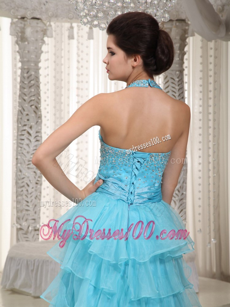 Aqua Blue Empire Halter Floor-length Beading Prom Pageant Dress