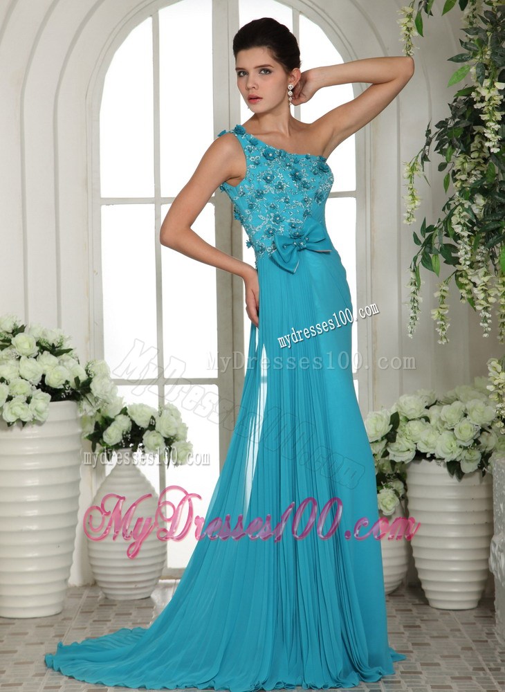 2013 Baby Blue One Shoulder Hand Made Flowers Prom Gowns
