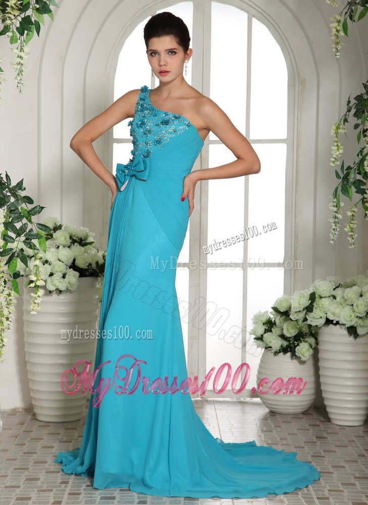 2013 Baby Blue One Shoulder Hand Made Flowers Prom Gowns