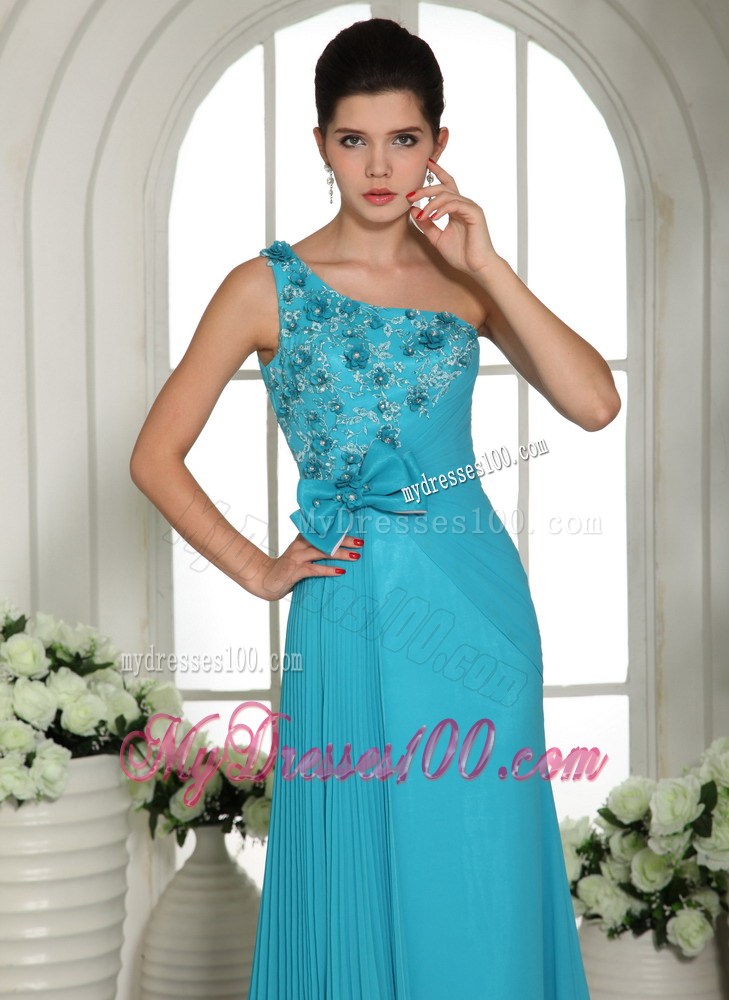 2013 Baby Blue One Shoulder Hand Made Flowers Prom Gowns