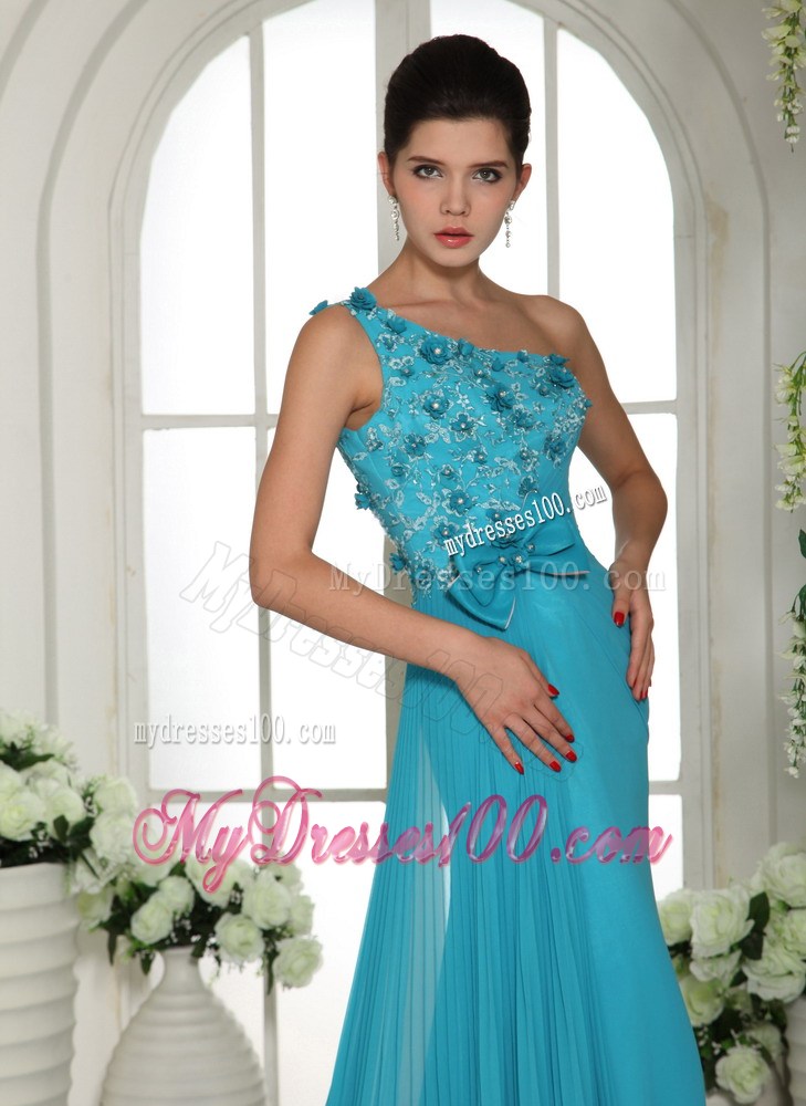2013 Baby Blue One Shoulder Hand Made Flowers Prom Gowns