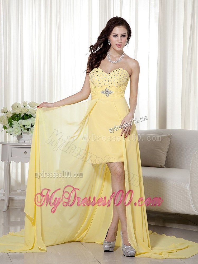 Yellow Column Sheath Sweetheart High-low Beading Prom Dress