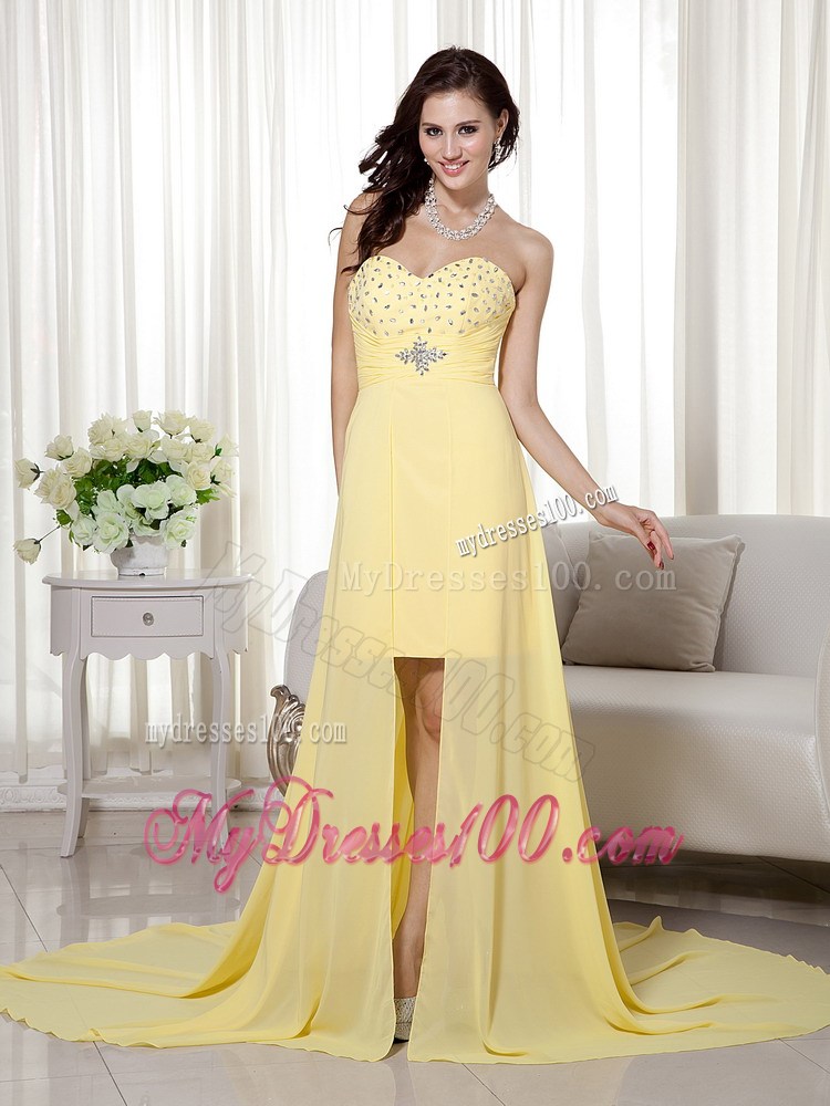 Yellow Column Sheath Sweetheart High-low Beading Prom Dress