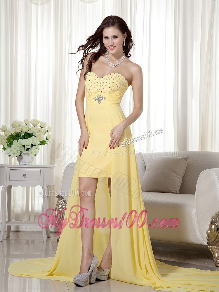 Yellow Column Sheath Sweetheart High-low Beading Prom Dress