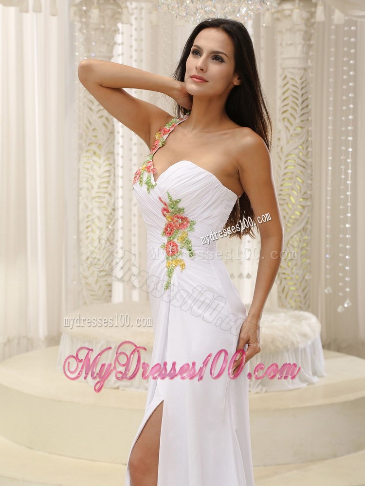Appliques Decorate Shoulder Ruched Bodice High Slit Prom Dress