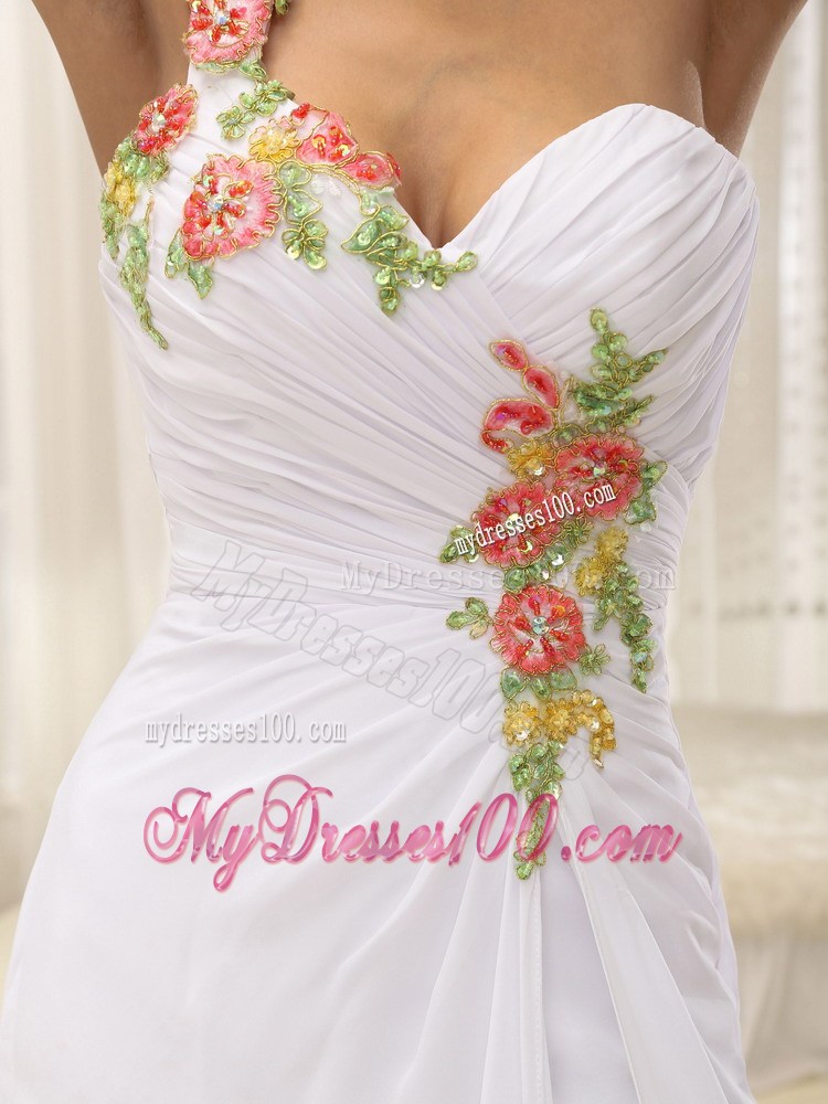 Appliques Decorate Shoulder Ruched Bodice High Slit Prom Dress