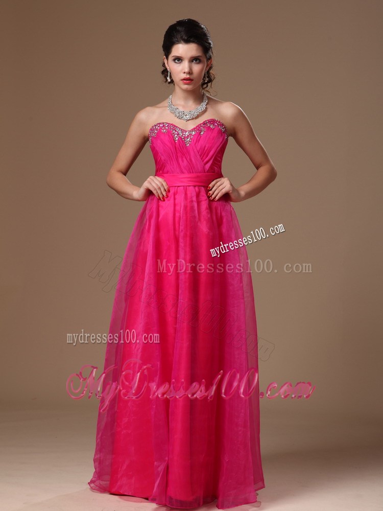 Hot Pink Beaded Empire Sweetheart Custom Made Prom Dress