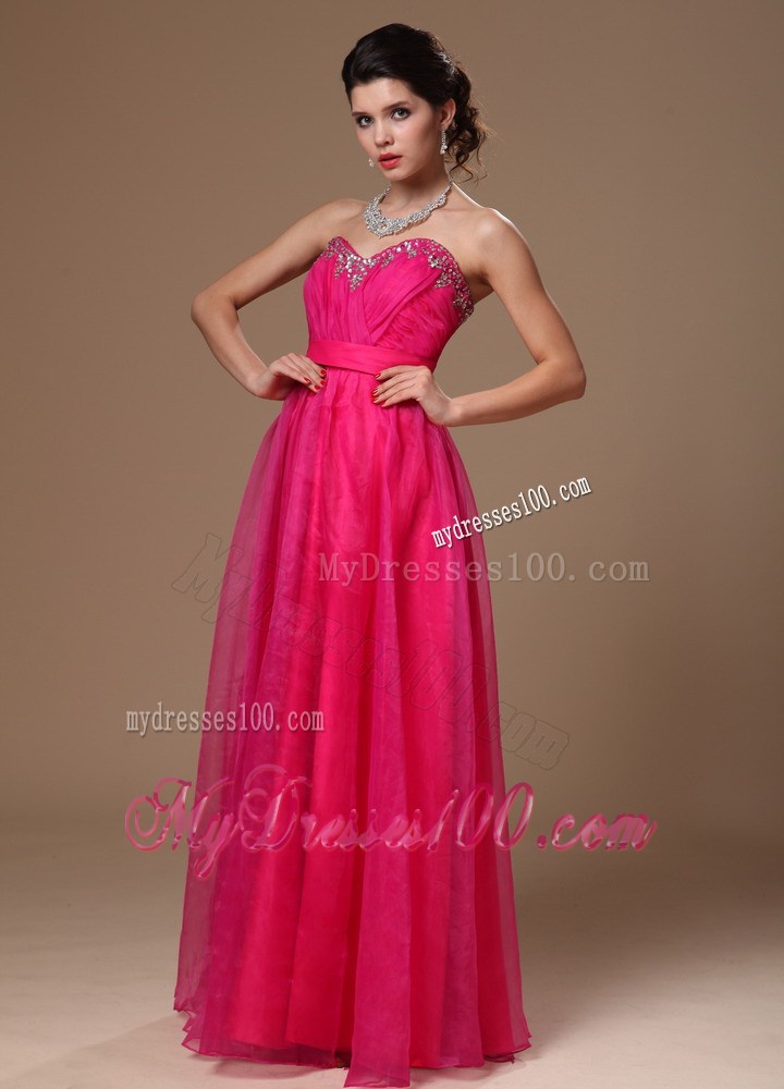 Hot Pink Beaded Empire Sweetheart Custom Made Prom Dress