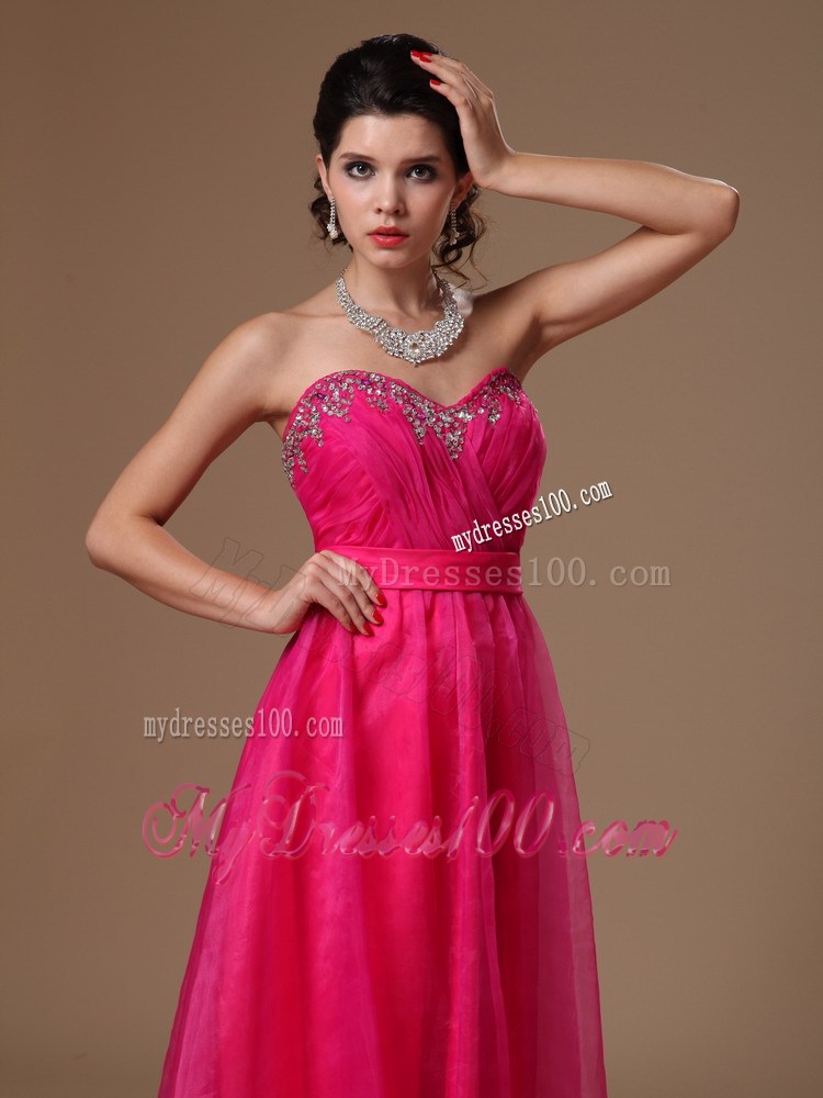 Hot Pink Beaded Empire Sweetheart Custom Made Prom Dress