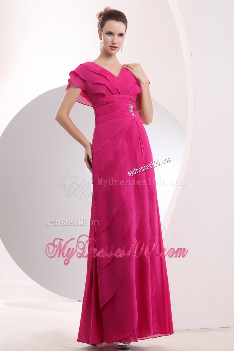 Modest Hot Pink Empire V-neck Long Prom Dress with Beading