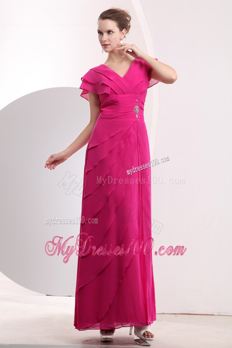 Modest Hot Pink Empire V-neck Long Prom Dress with Beading