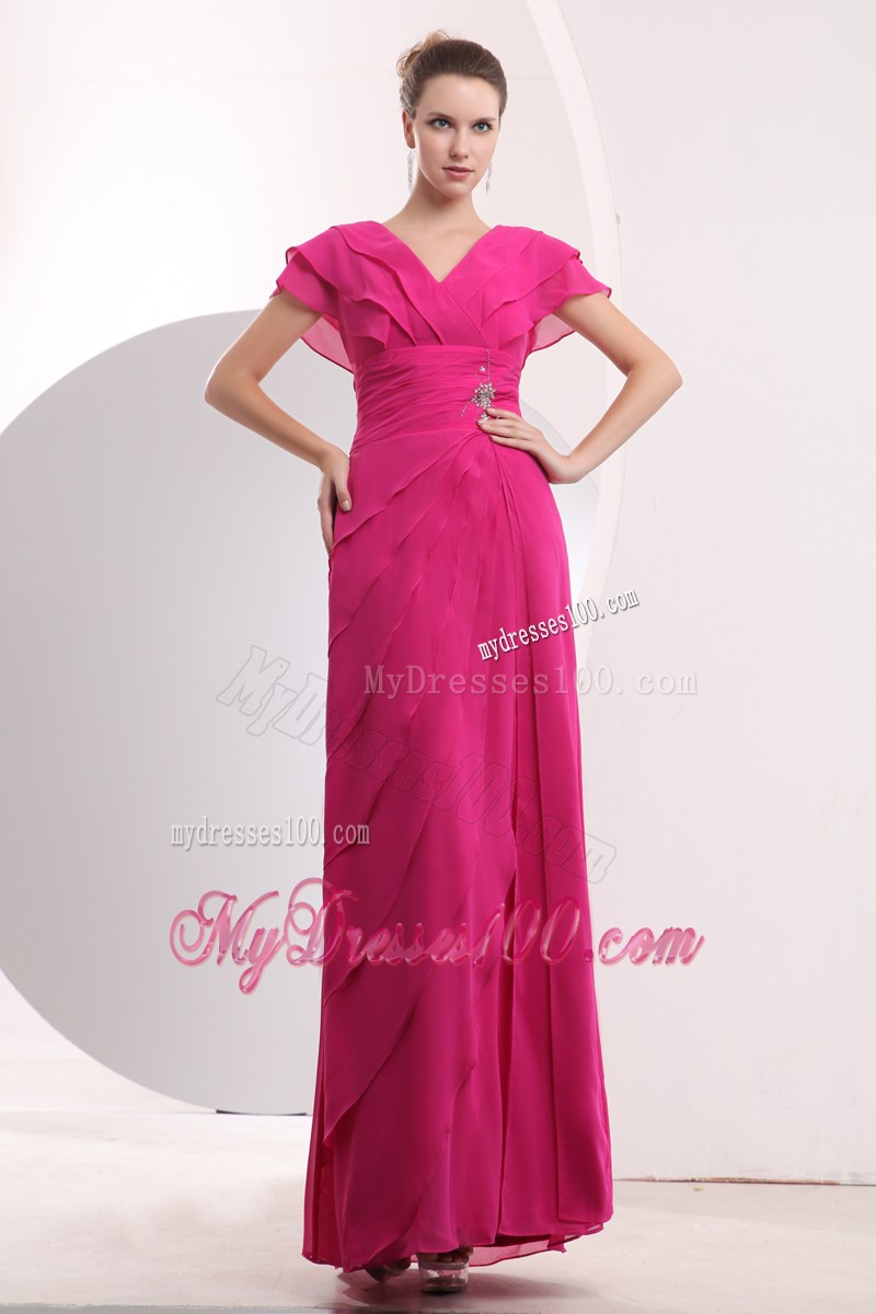 Modest Hot Pink Empire V-neck Long Prom Dress with Beading