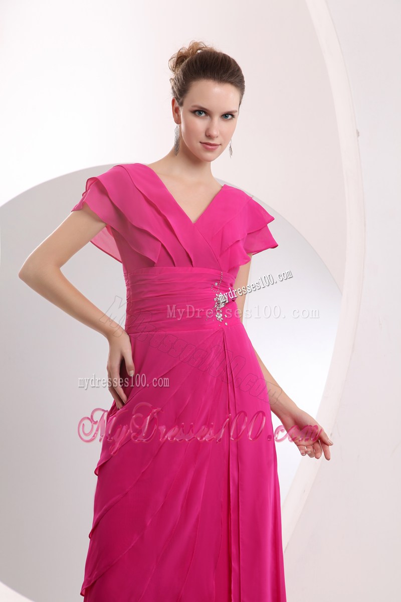 Modest Hot Pink Empire V-neck Long Prom Dress with Beading