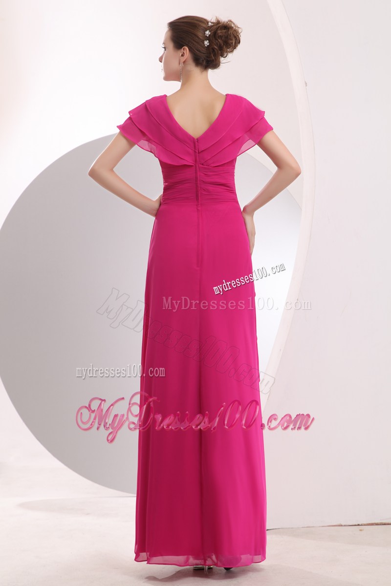 Modest Hot Pink Empire V-neck Long Prom Dress with Beading