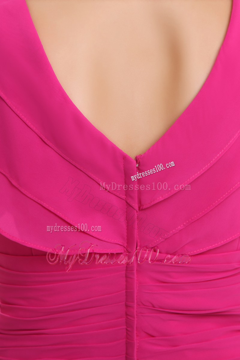 Modest Hot Pink Empire V-neck Long Prom Dress with Beading
