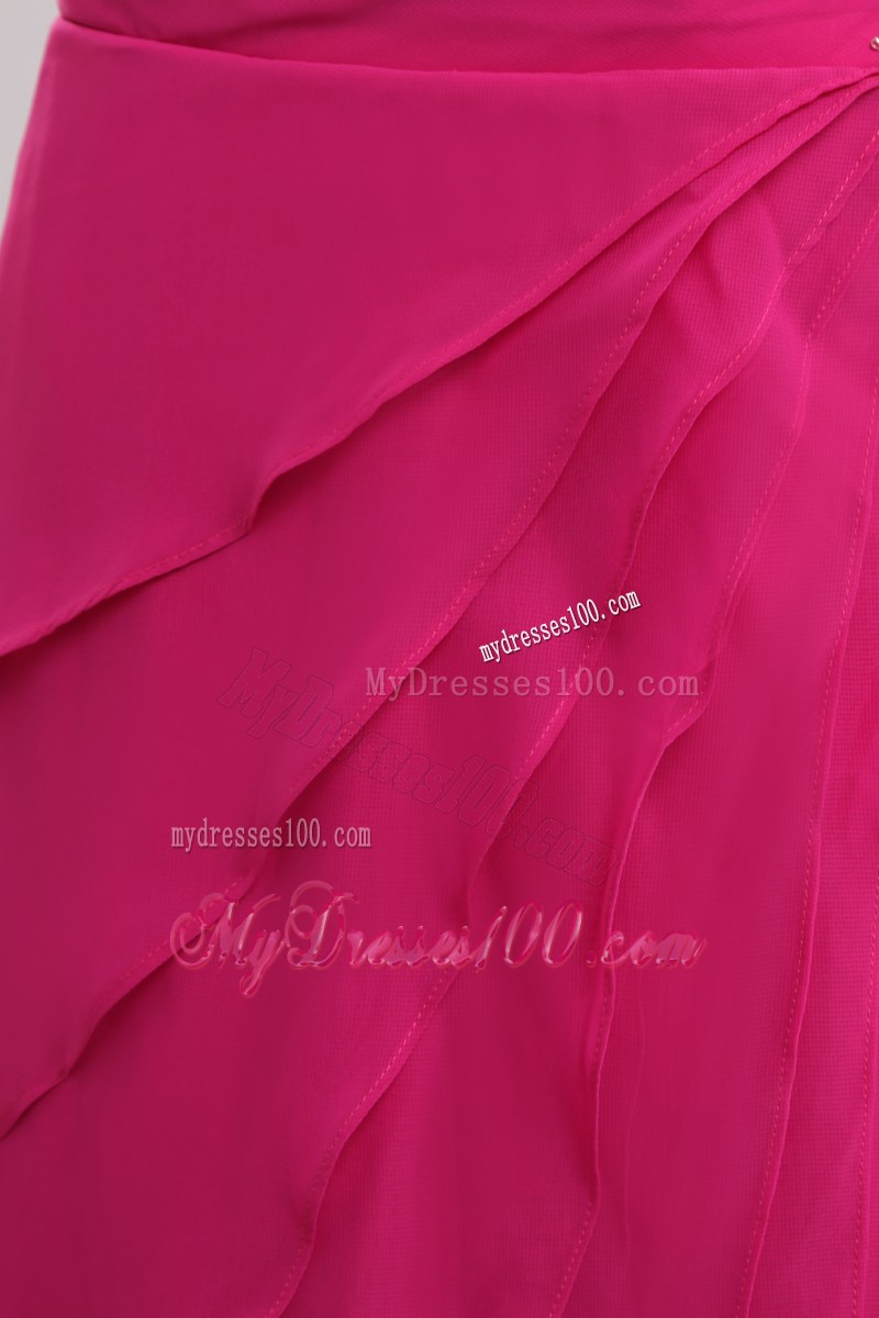 Modest Hot Pink Empire V-neck Long Prom Dress with Beading