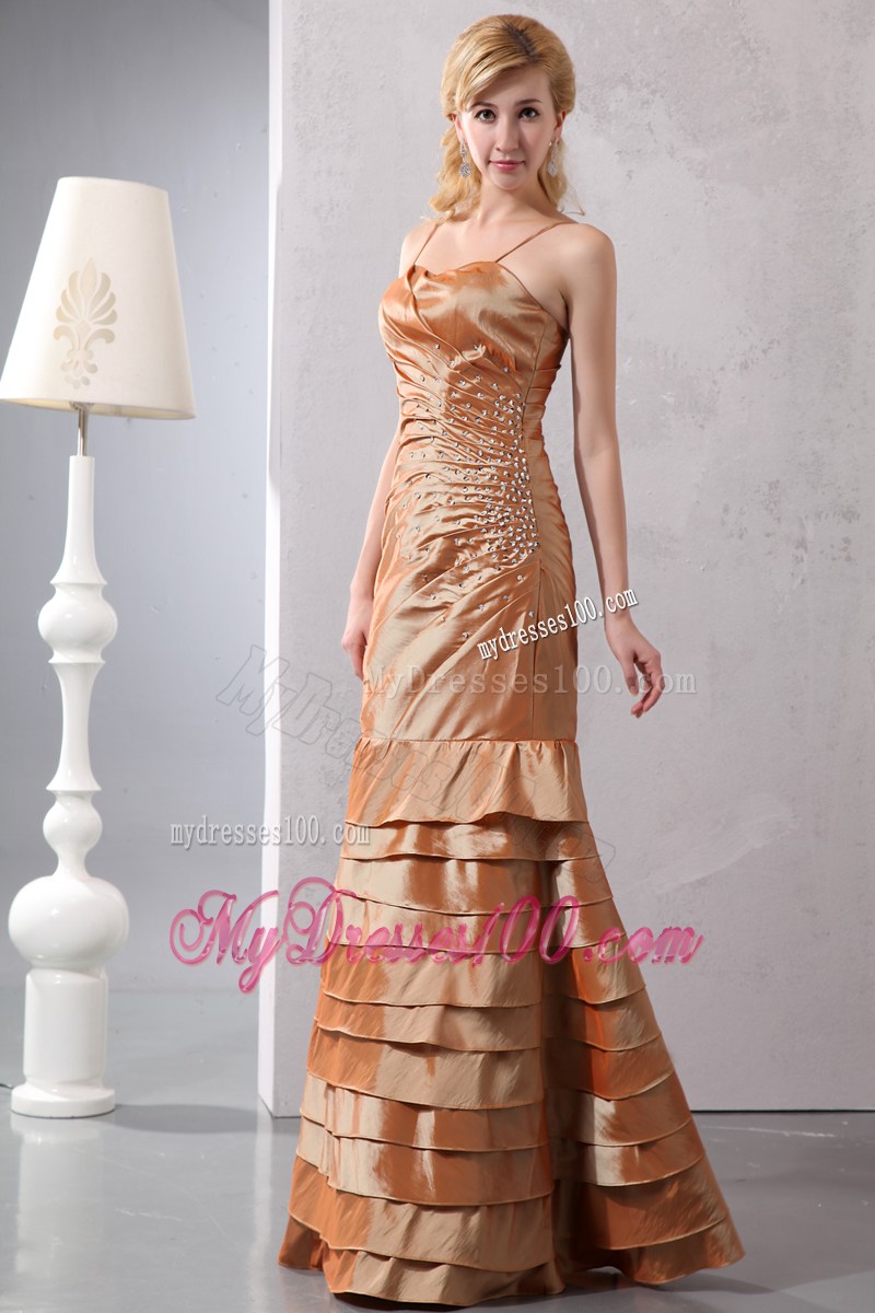 Sexy Brown Column Straps Beading Prom Dress in Floor-length