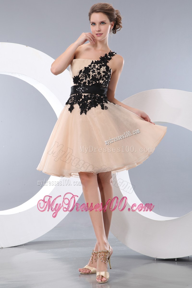 Champagne One Shoulder Mini-length Appliques Prom Dress