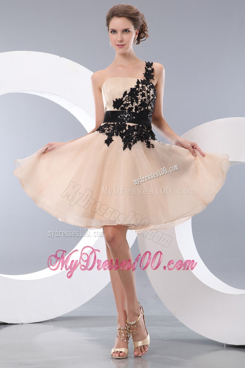 Champagne One Shoulder Mini-length Appliques Prom Dress