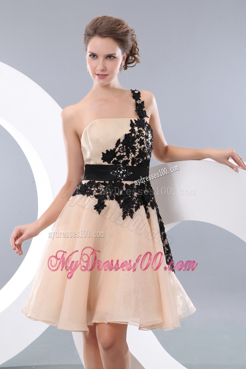 Champagne One Shoulder Mini-length Appliques Prom Dress