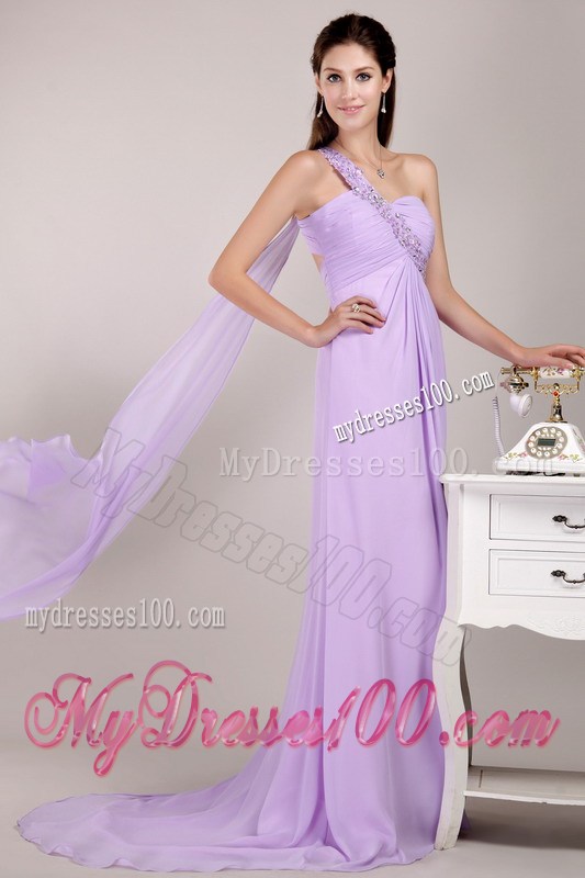 Lavender Empire One Shoulder Watteau Train Beading Prom Dress