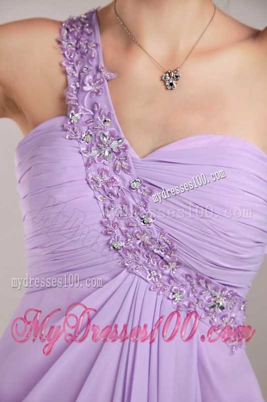 Lavender Empire One Shoulder Watteau Train Beading Prom Dress