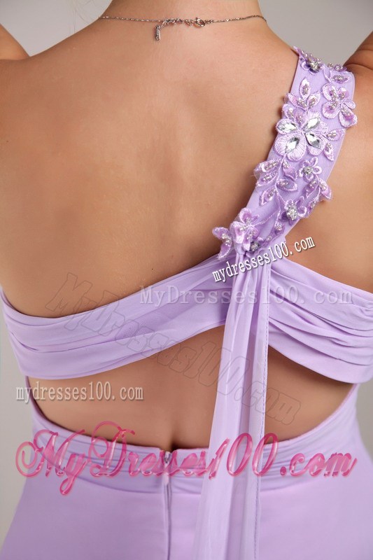 Lavender Empire One Shoulder Watteau Train Beading Prom Dress