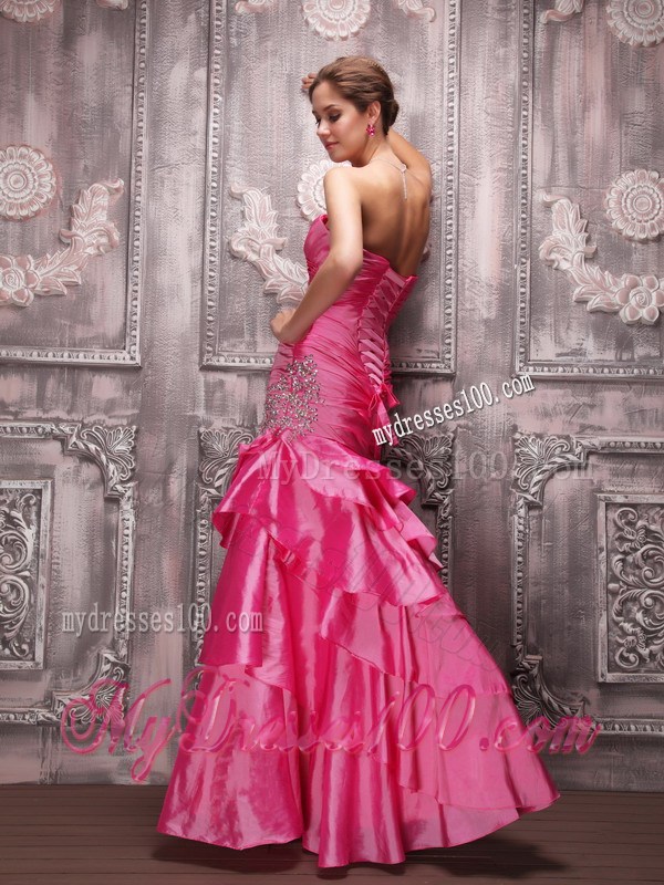 Latest Hot Pink Column Sweetheart Beading and Tiered Prom Dress