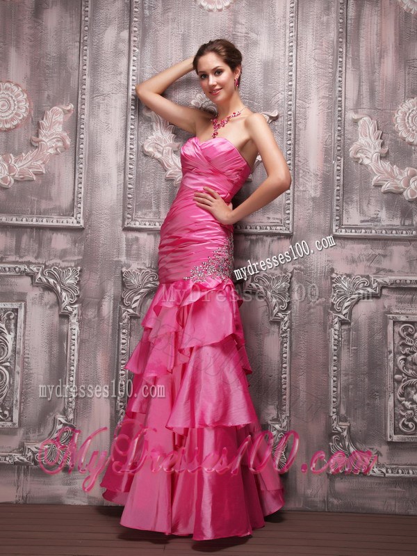 Latest Hot Pink Column Sweetheart Beading and Tiered Prom Dress
