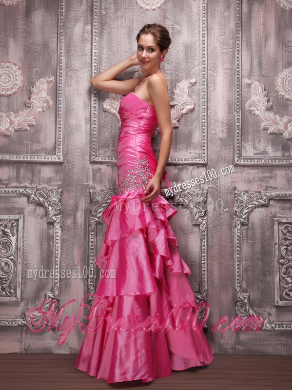 Latest Hot Pink Column Sweetheart Beading and Tiered Prom Dress