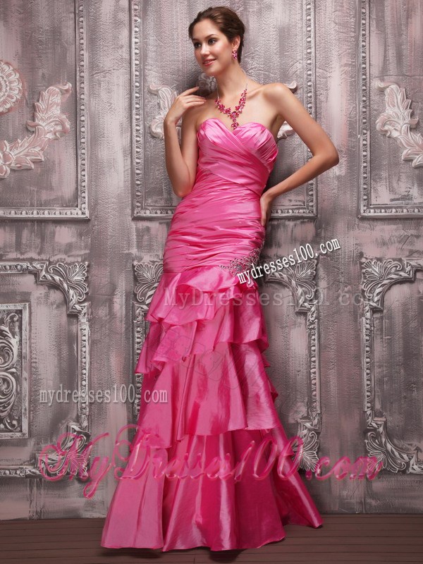 Latest Hot Pink Column Sweetheart Beading and Tiered Prom Dress
