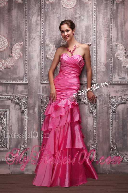 Latest Hot Pink Column Sweetheart Beading and Tiered Prom Dress