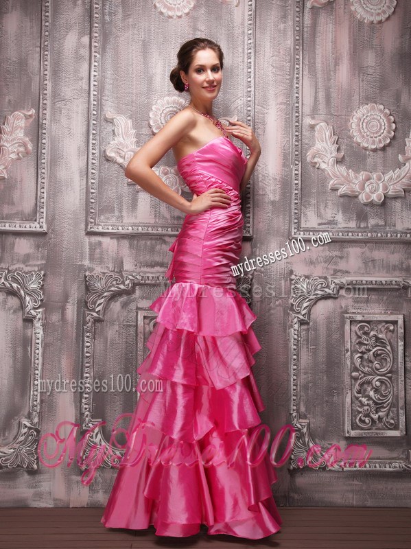 Latest Hot Pink Column Sweetheart Beading and Tiered Prom Dress