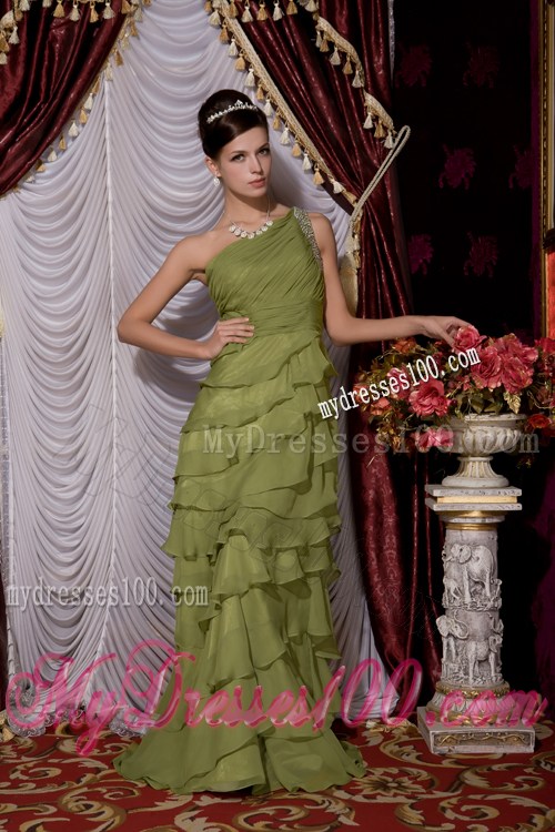 Olive Green Empire One Shoulder Ruffles Layered Prom Dress