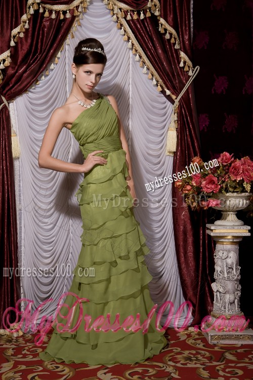 Olive Green Empire One Shoulder Ruffles Layered Prom Dress