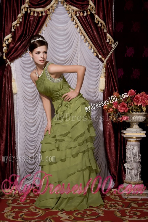 Olive Green Empire One Shoulder Ruffles Layered Prom Dress