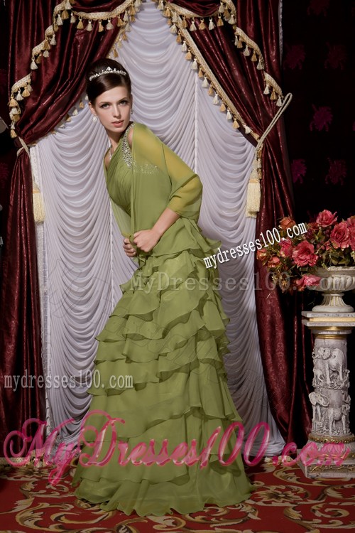 Olive Green Empire One Shoulder Ruffles Layered Prom Dress