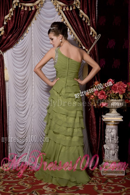 Olive Green Empire One Shoulder Ruffles Layered Prom Dress