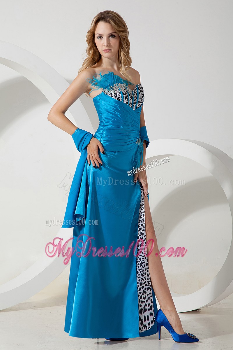 Sky Blue Leopard Sweetheart Beading and Feather Prom Dress