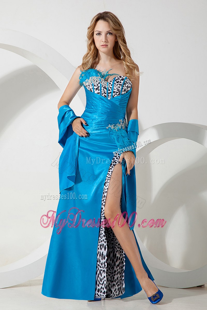 Sky Blue Leopard Sweetheart Beading and Feather Prom Dress