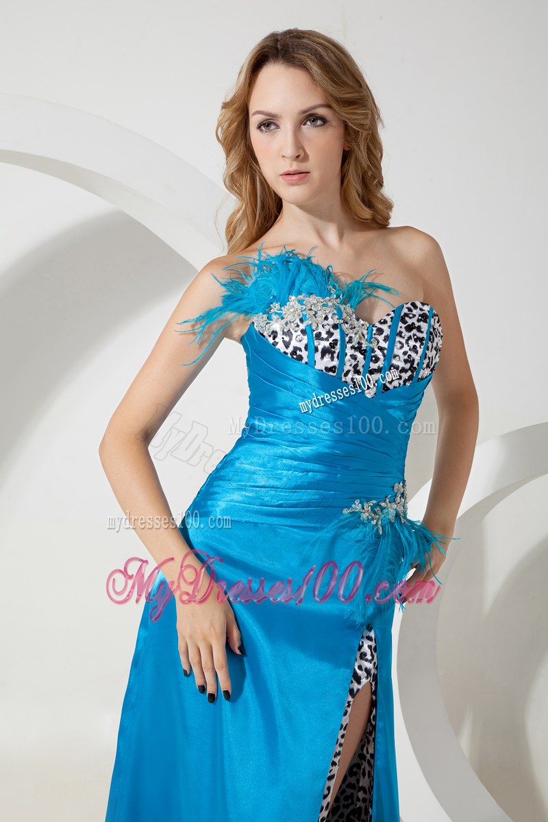 Sky Blue Leopard Sweetheart Beading and Feather Prom Dress